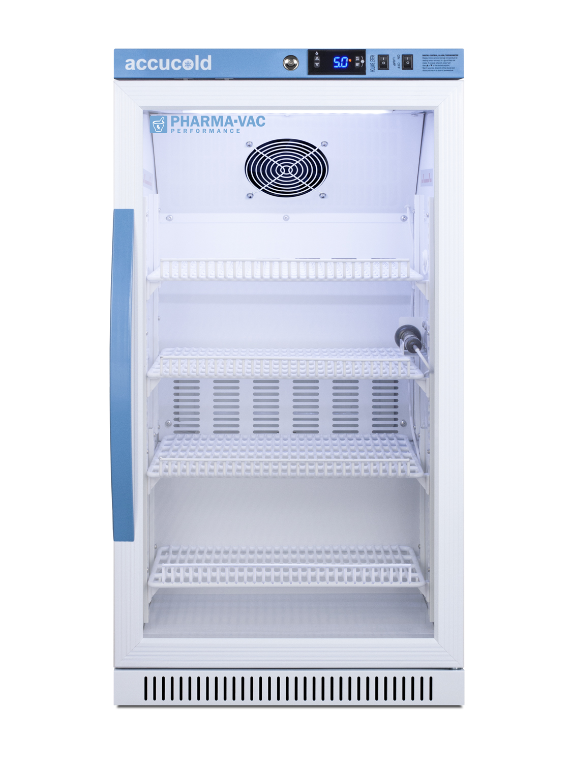Performance series Pharma-Vac 2.83 cu.ft. ADA height glass door commercial all-refrigerator for the display and refrigeration of vaccines; designed for freestanding or recessed installation